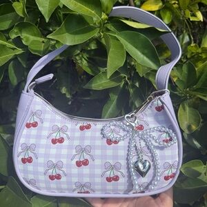 Y2K Purple and Red Shoulder Bag with Cherry Print